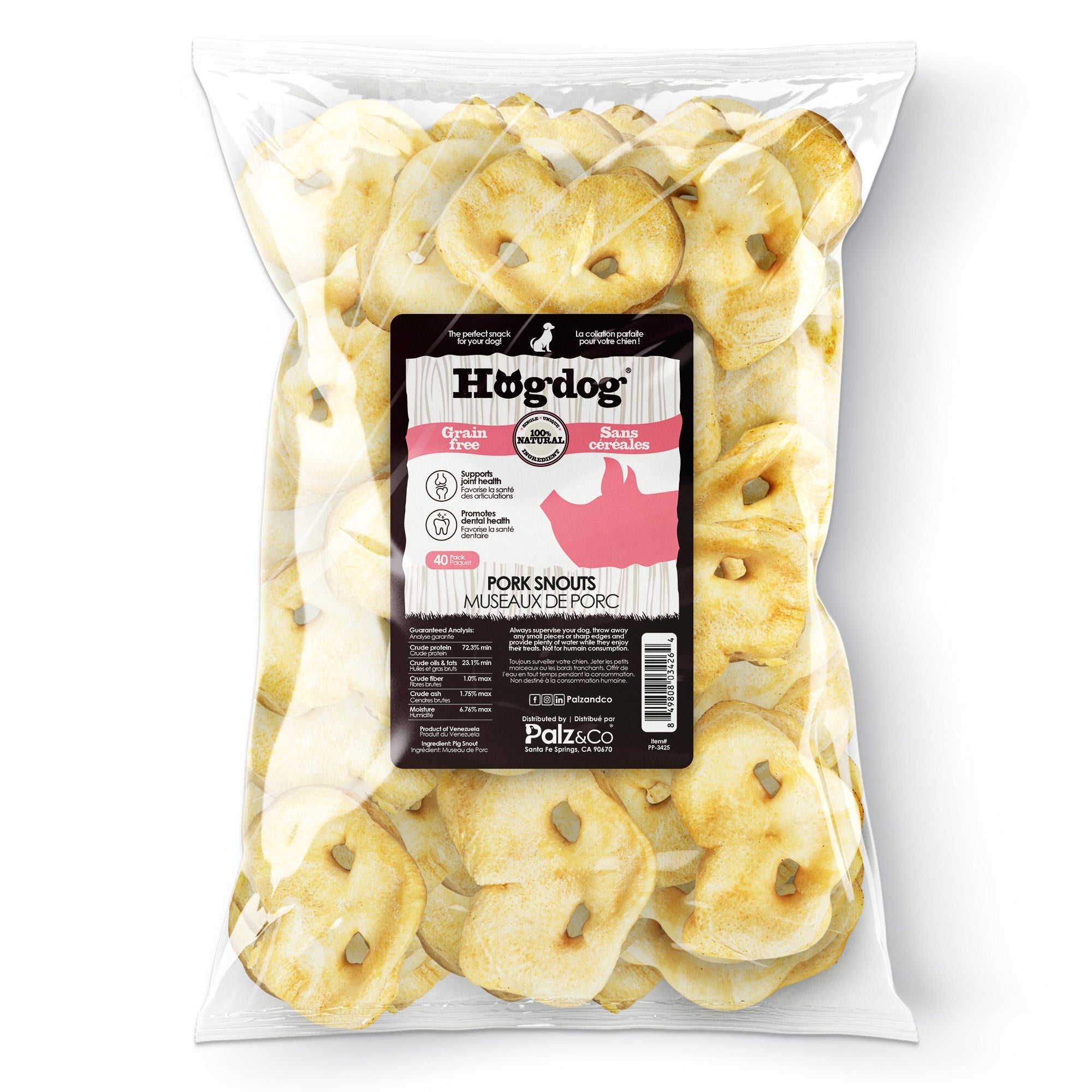 Bag of Hogdog pork snacks with a clear front for visibility on a white background Main image