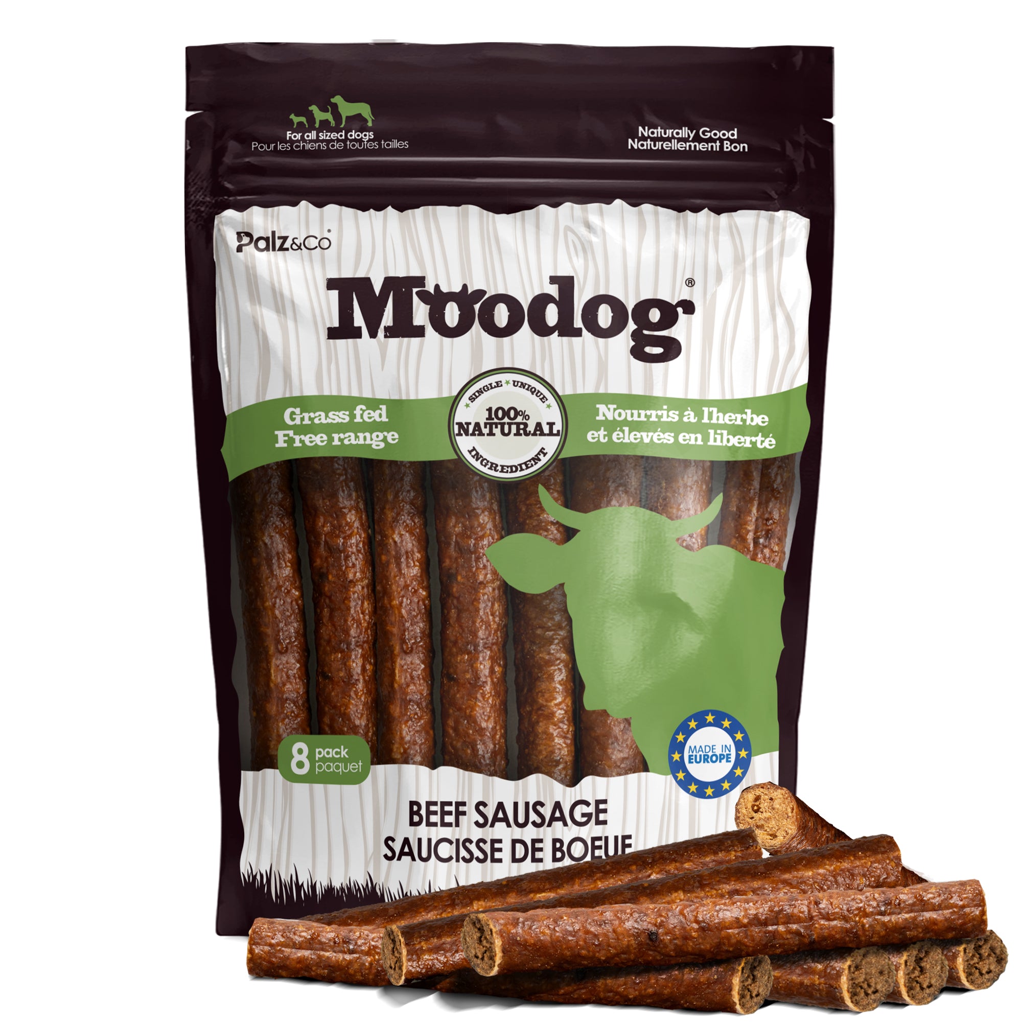 Package of Moodog beef sausages for dogs with visible sausages on a white background Main image