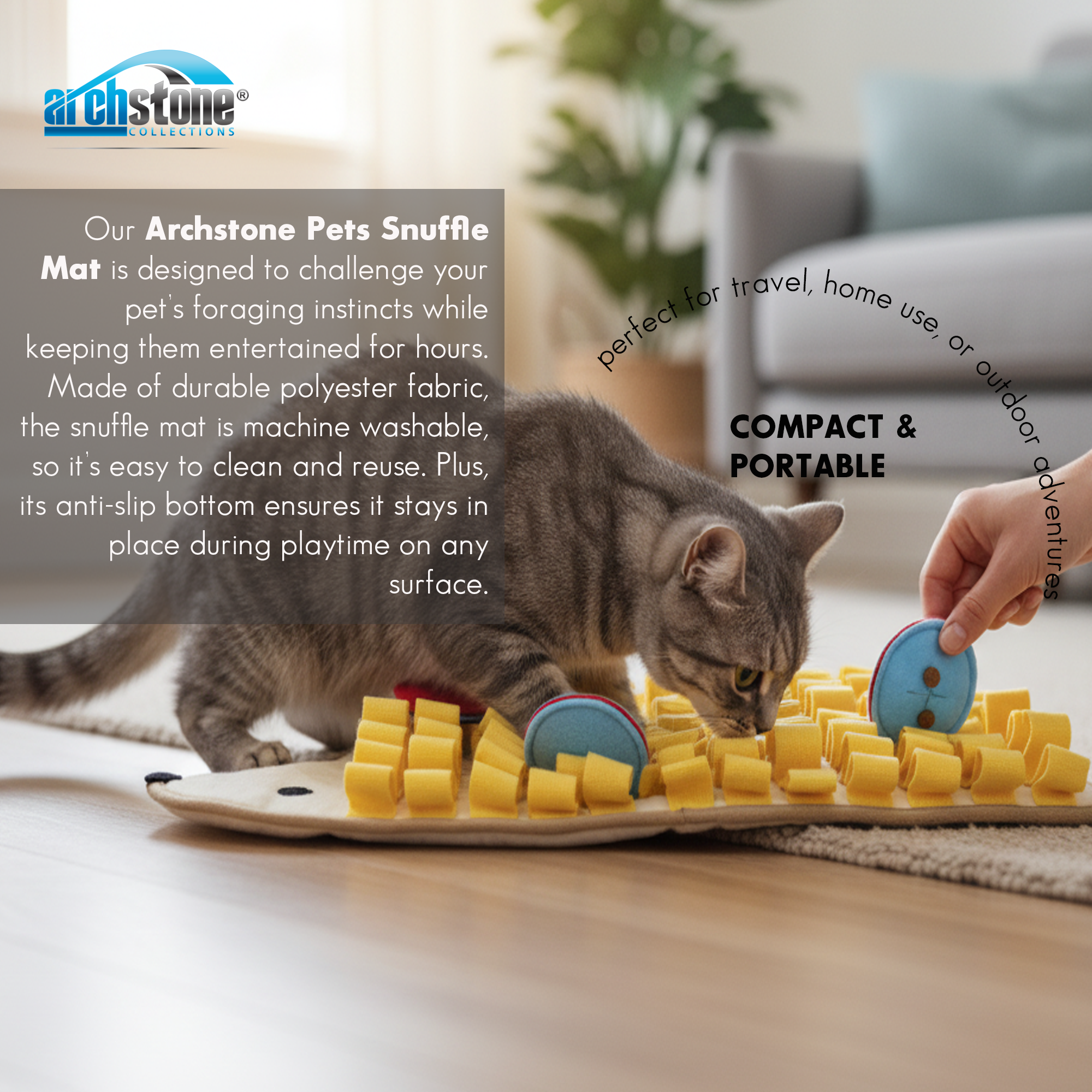 Cat playing with Archstone Pets Snuffle Mat in a home setting