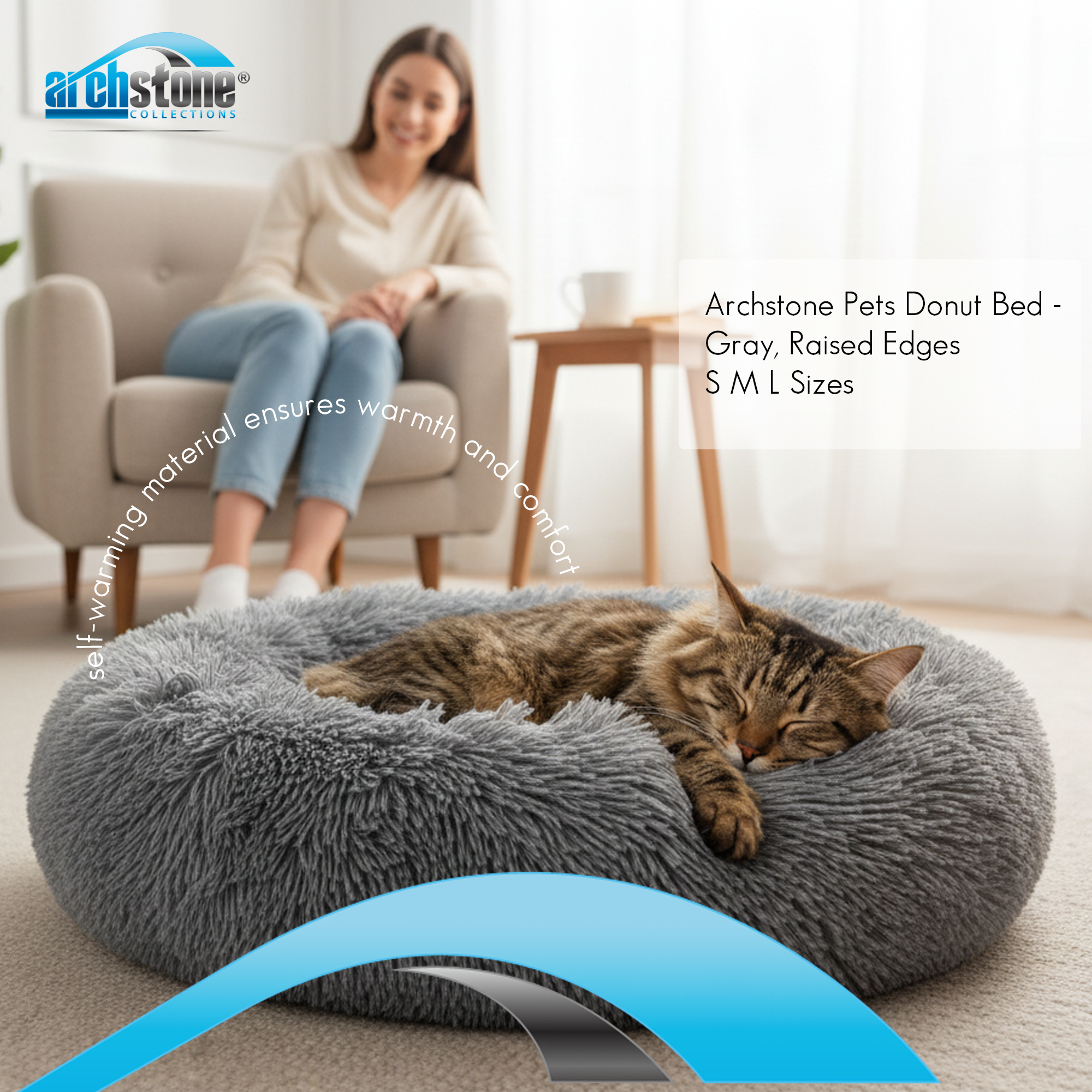 Cat lying on a gray donut bed with a woman sitting in the background, featuring Archstone Pets branding.