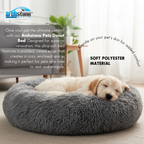 Dog lying on a fluffy Archstone Pets Donut Bed in a home setting.