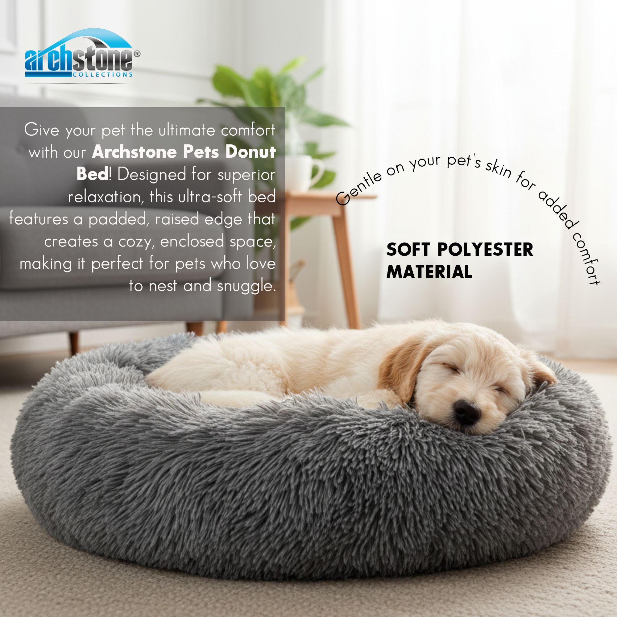 Dog lying on a fluffy Archstone Pets Donut Bed in a home setting.