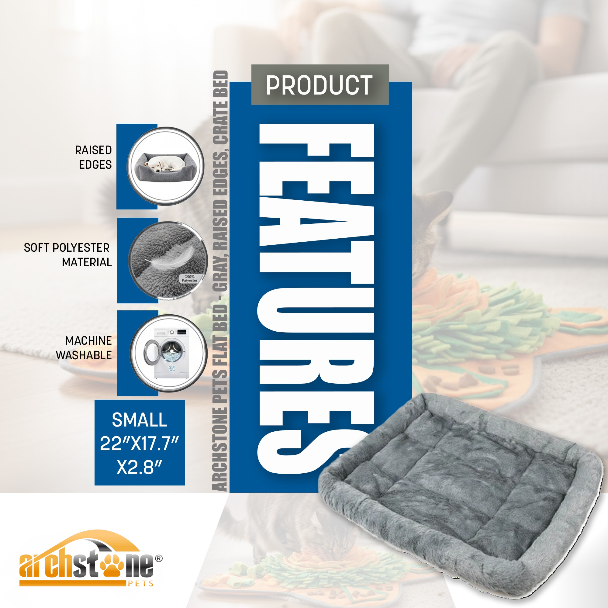 Archstone Pets - Flat Comfort Pet Beds, Gray