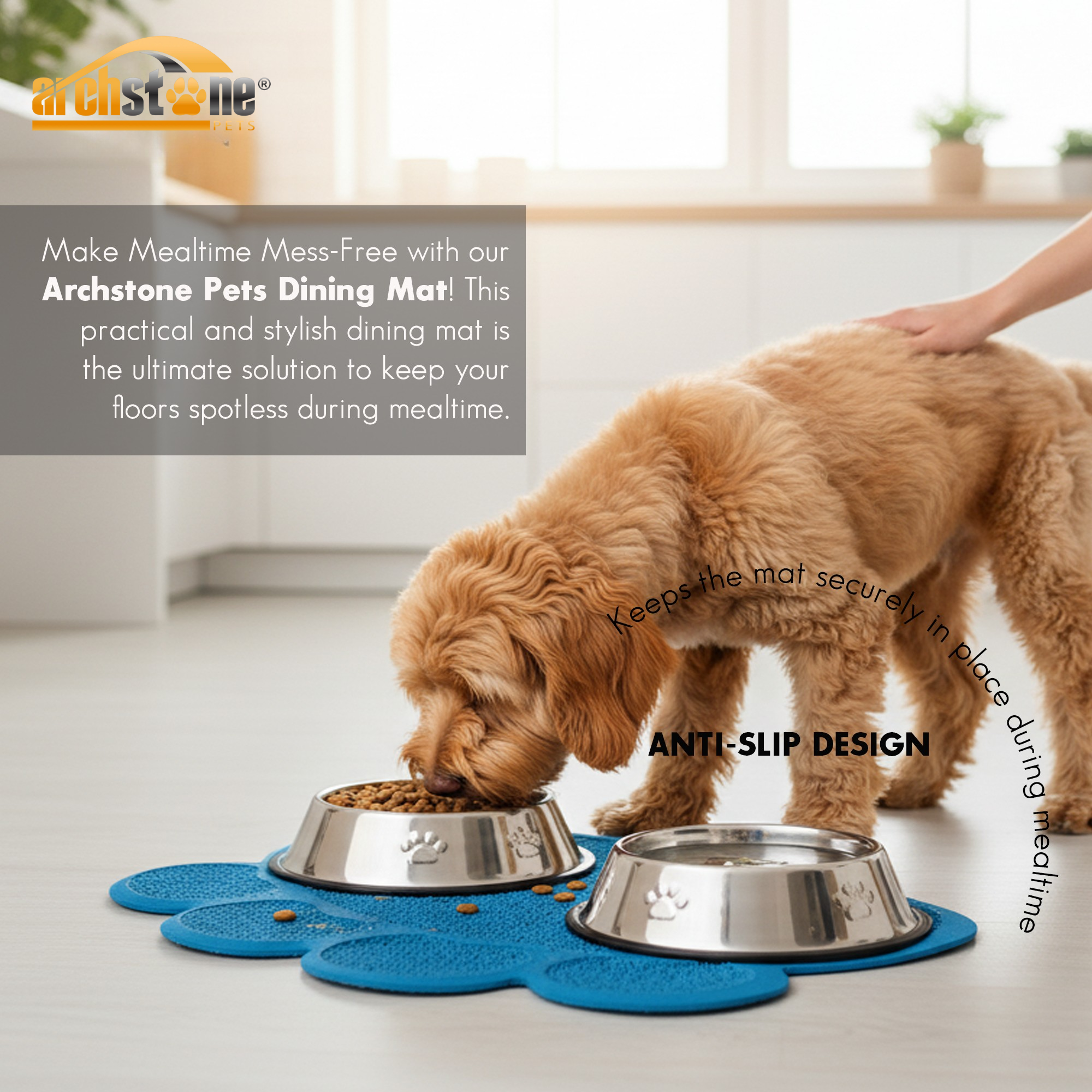 Archstone Pets - Dining Mat for Pet - Blue, Pawprint Shape