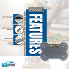 Product features of a pet bowl with archstone branding on a blurred dining table background.