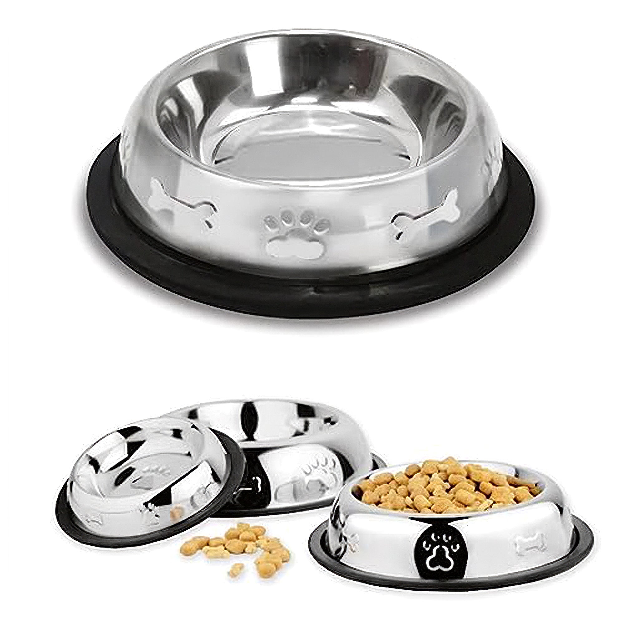 Stainless Steel Belly Pet Bowls, Paw Bone Embossed, No-Skid Base - 16oz to 48oz Main image