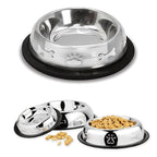 Stainless Steel Belly Pet Bowls, Paw Bone Embossed, No-Skid Base - 16oz to 48oz