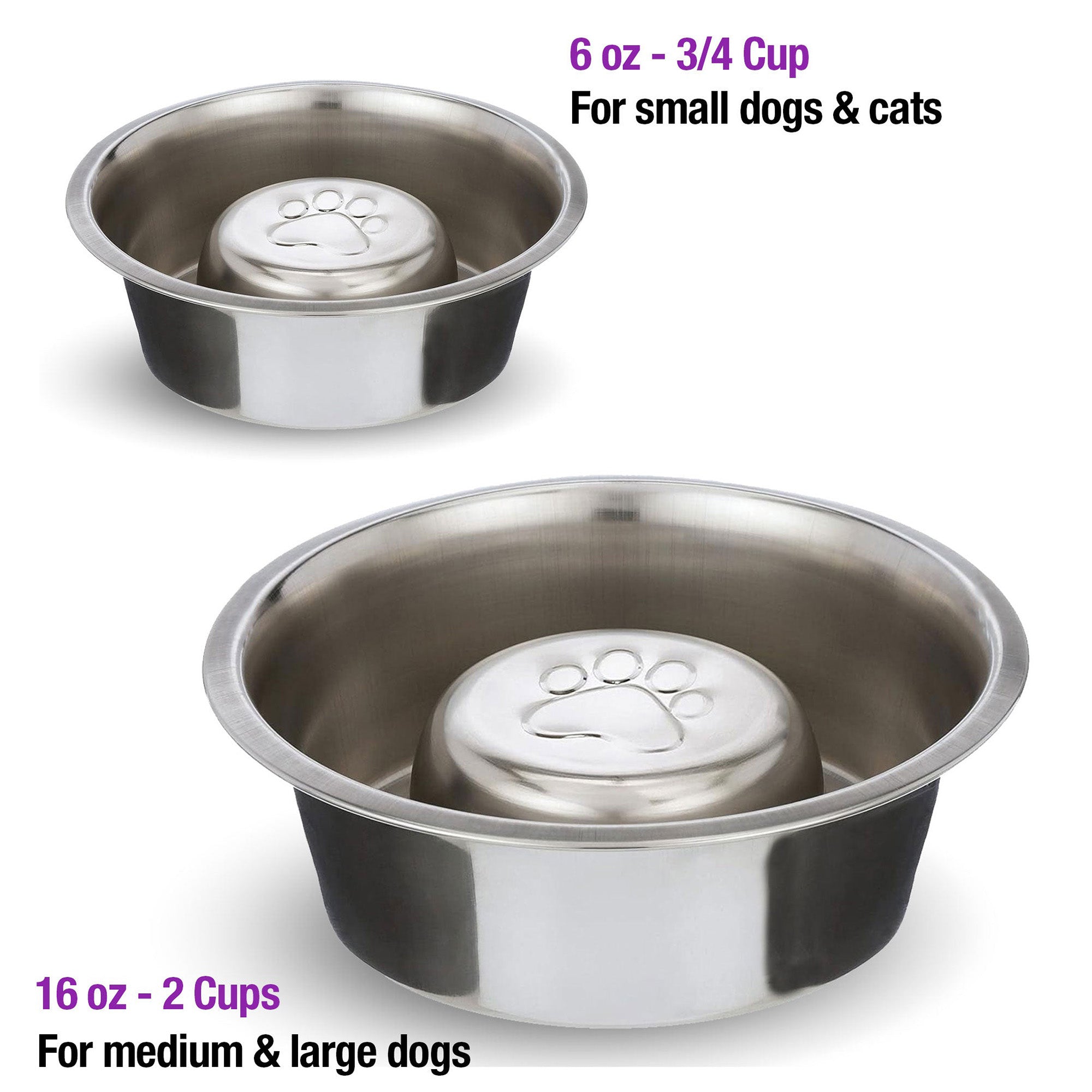 Reversible Slow Feeder Stainless Steel Dog Bowl - 6oz & 16oz