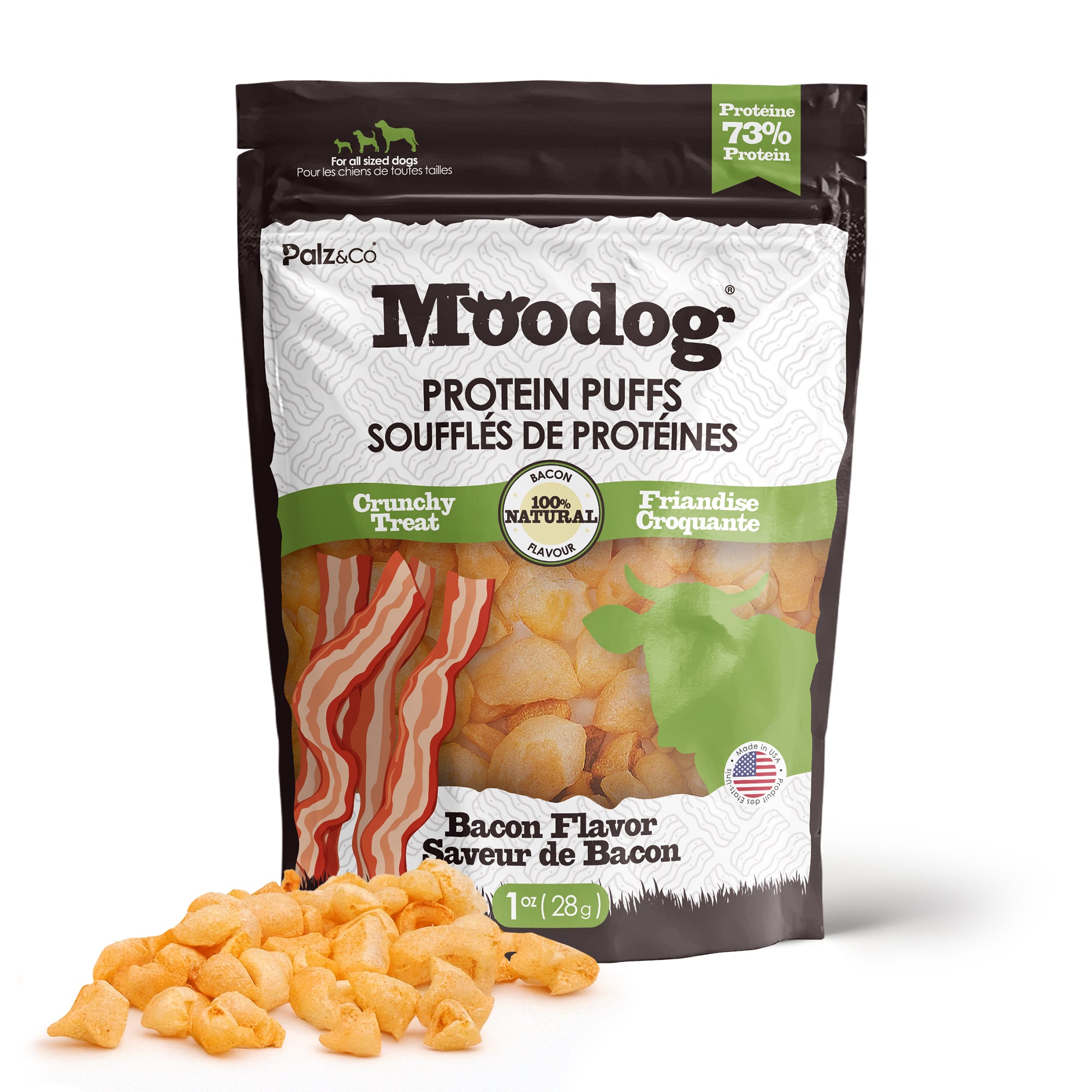 Package of Moodog Protein Puffs with bacon flavor on a white background