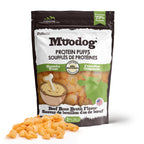 Package of Moodog Protein Puffs with beef bone broth flavor on a white background