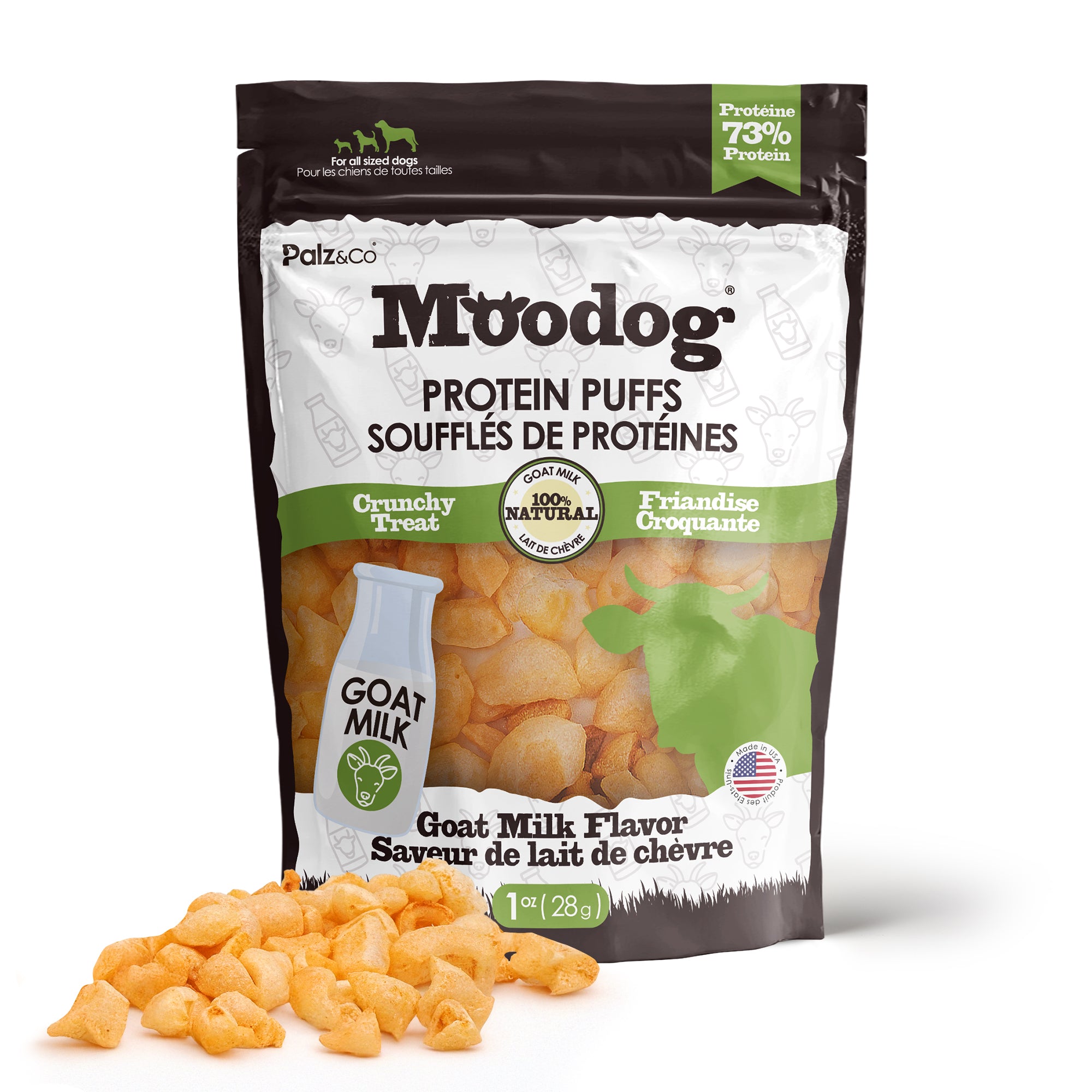 Package of Moodog Protein Puffs with goat milk flavor on a white background