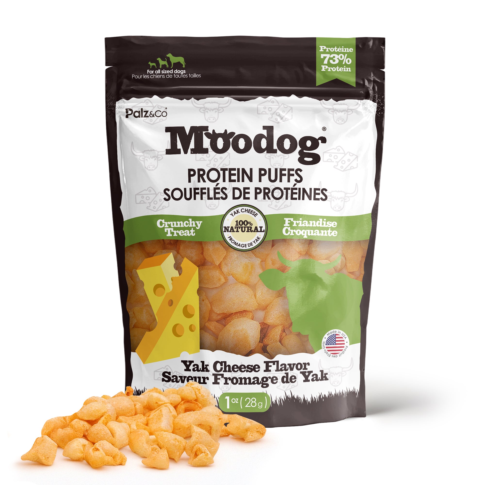 Package of Moodog Protein Puffs with cheese flavor on a white background