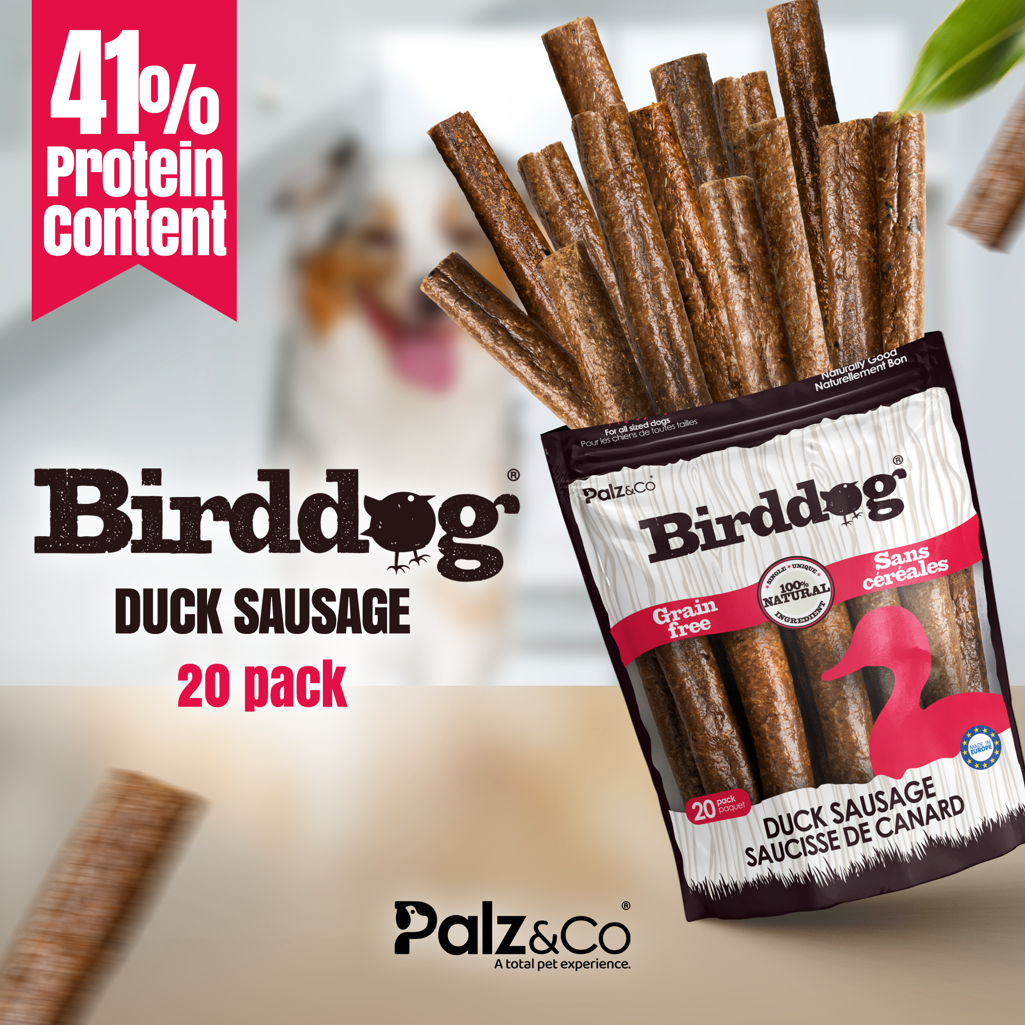 Birddog Duck Sausage Dog Treats - Pack of 8 & 20