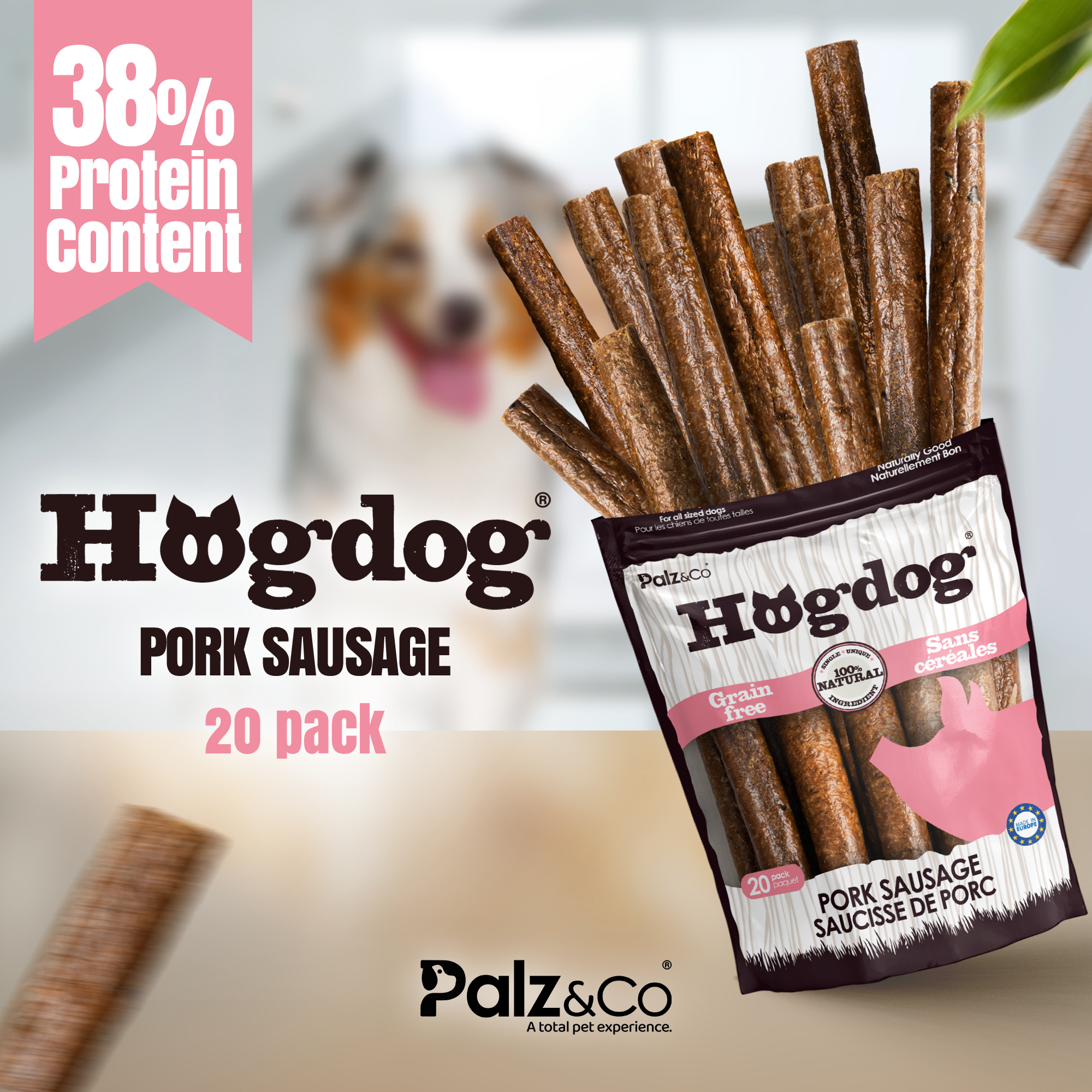 Hogdog Pork Sausage Dog Treats - Pack of 8 & 20