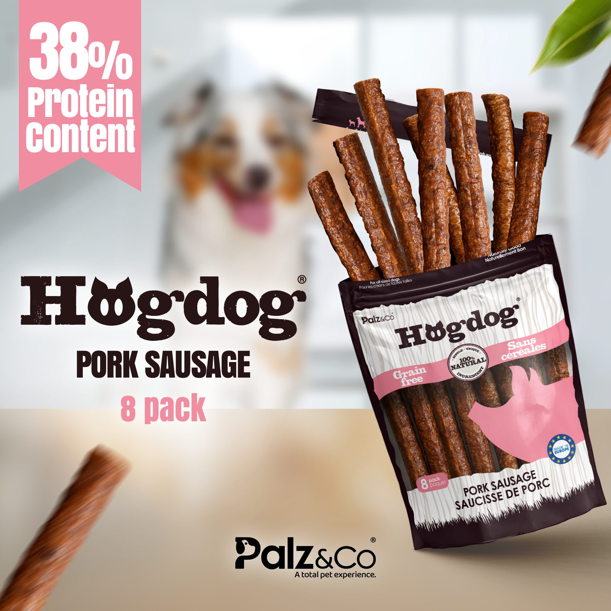 Hogdog Pork Sausage Dog Treats - Pack of 8 & 20