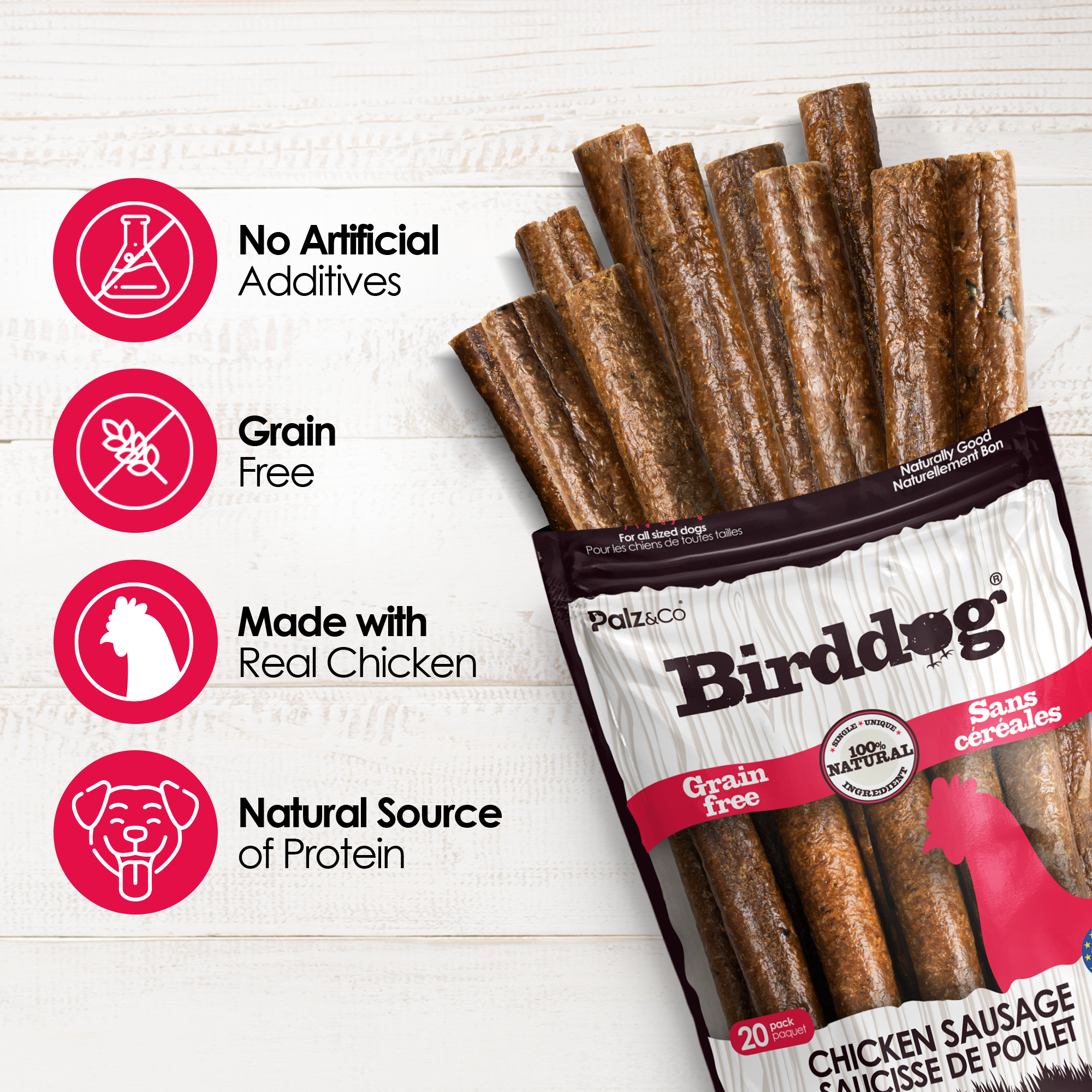 Birddog Chicken Sausage Dog Treats - Pack of 8 & 20
