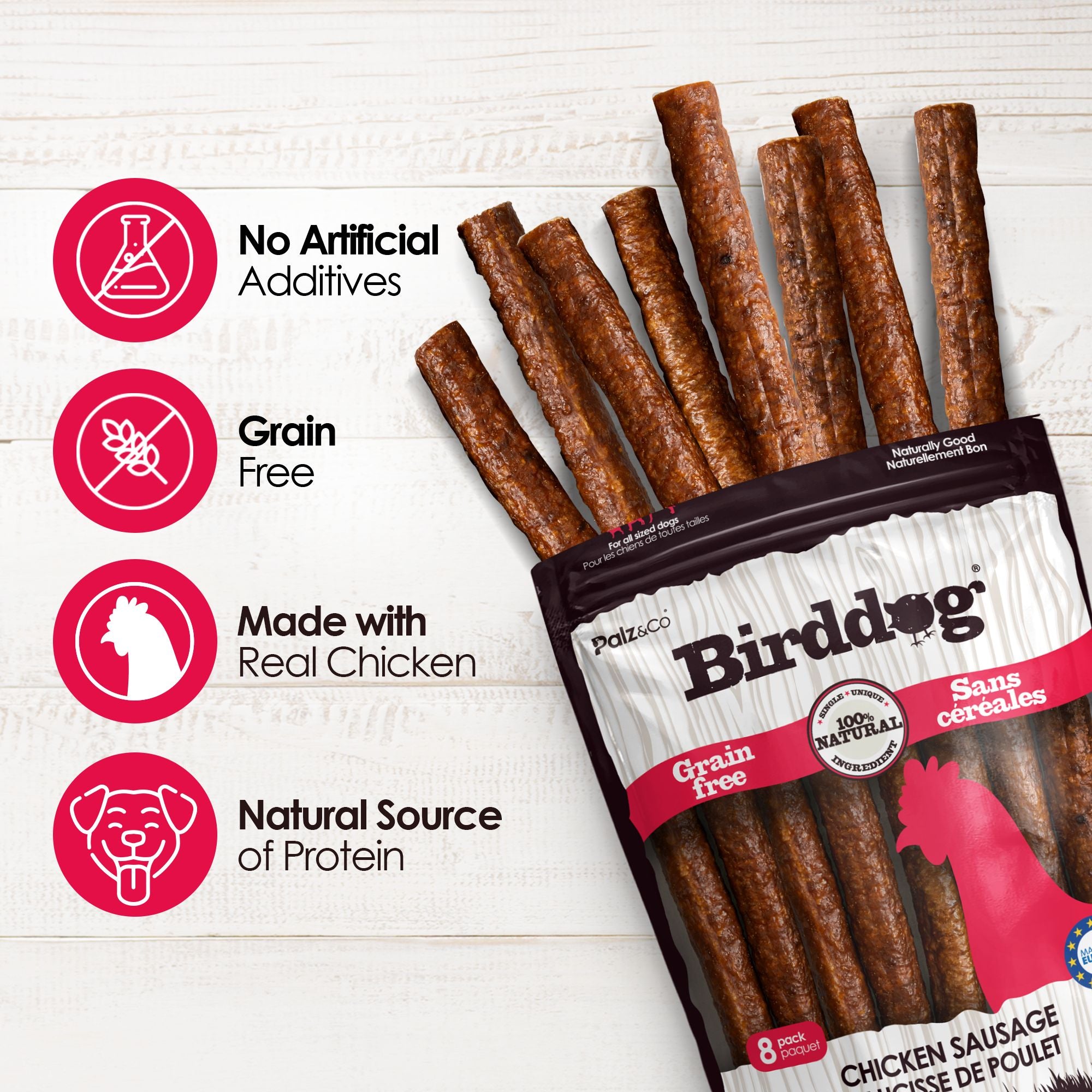 Birddog Chicken Sausage Dog Treats - Pack of 8 & 20