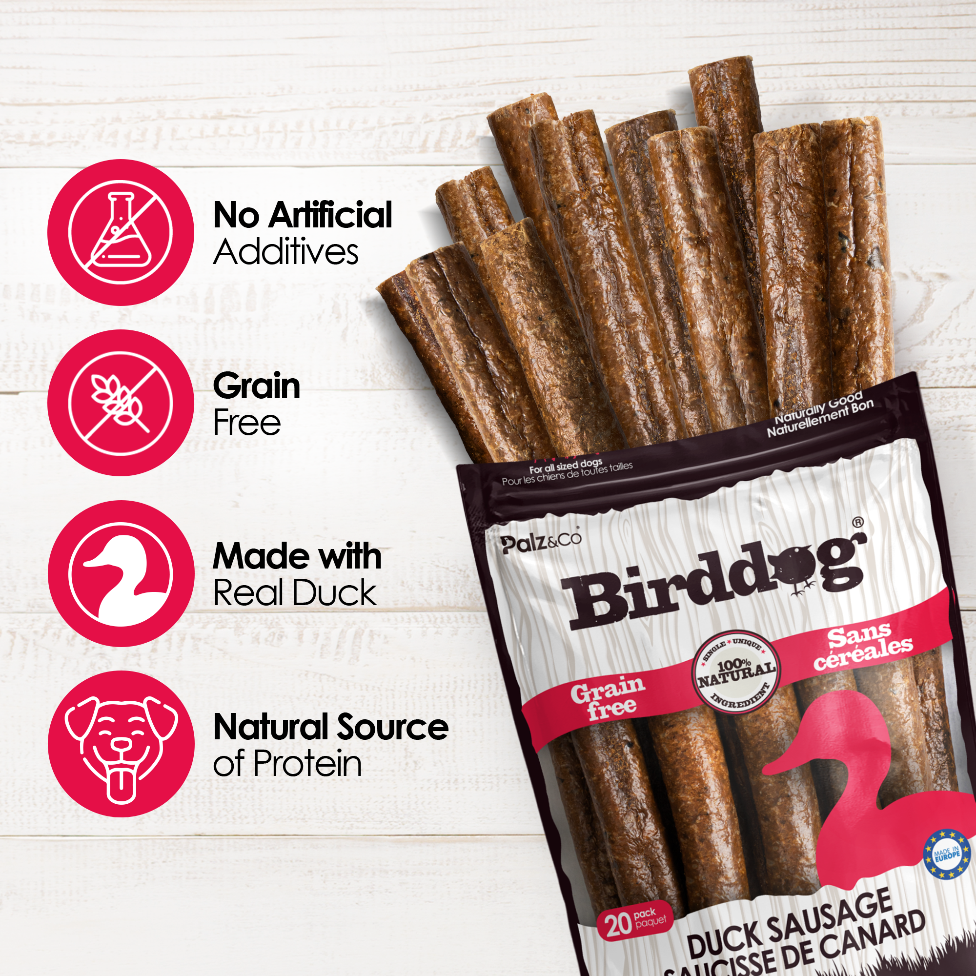 Birddog Duck Sausage Dog Treats - Pack of 8 & 20