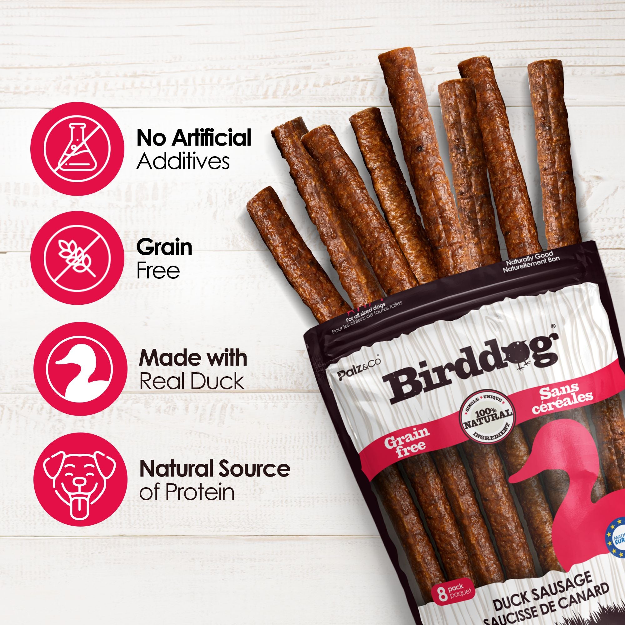 Birddog Duck Sausage Dog Treats - Pack of 8 & 20