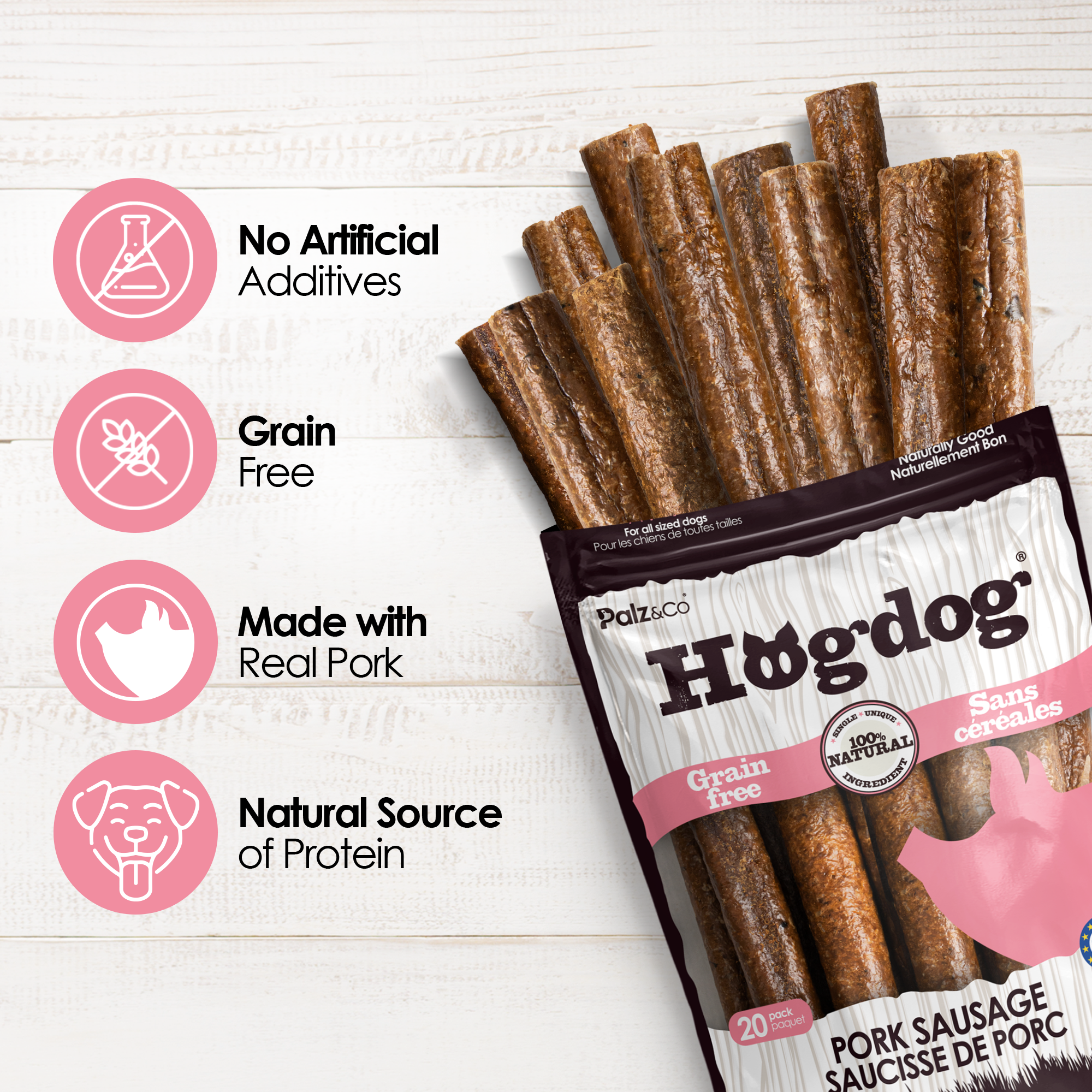 Hogdog Pork Sausage Dog Treats - Pack of 8 & 20