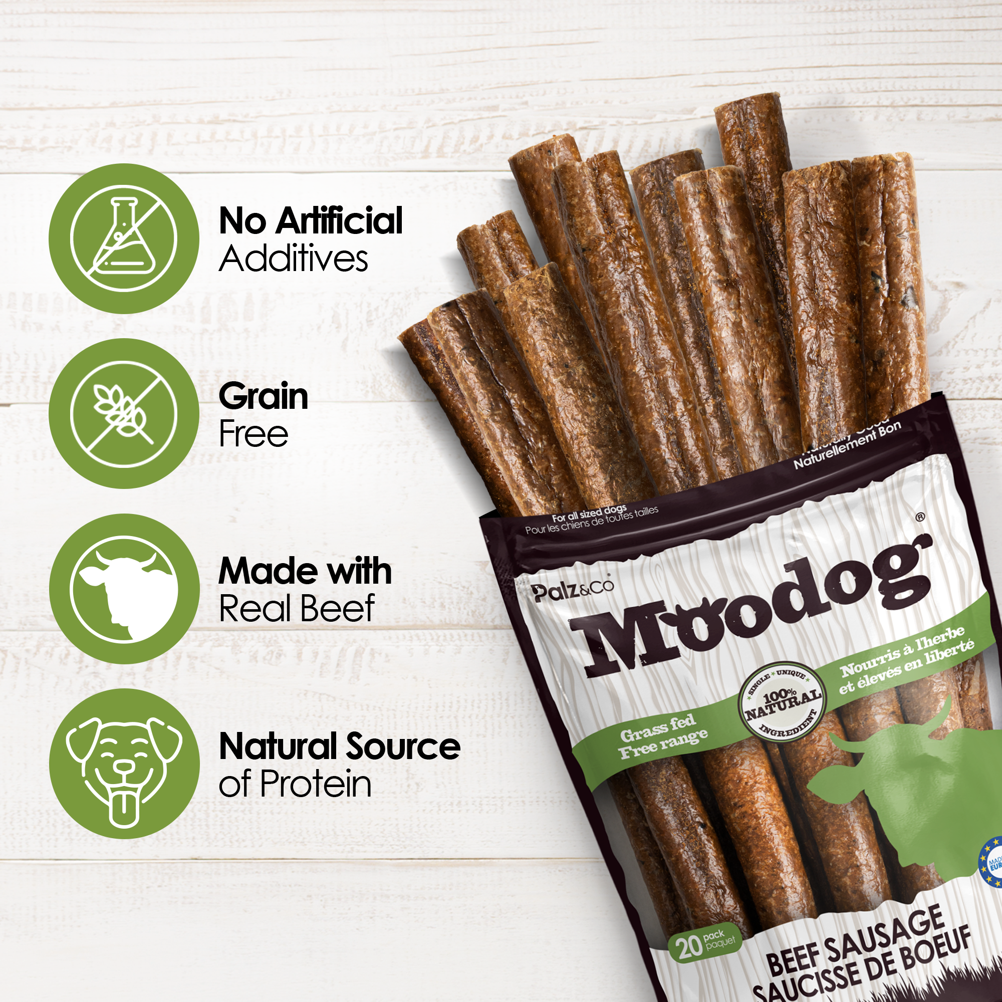 Moodog Beef Sausage Dog Treats - Pack of 8 & 20