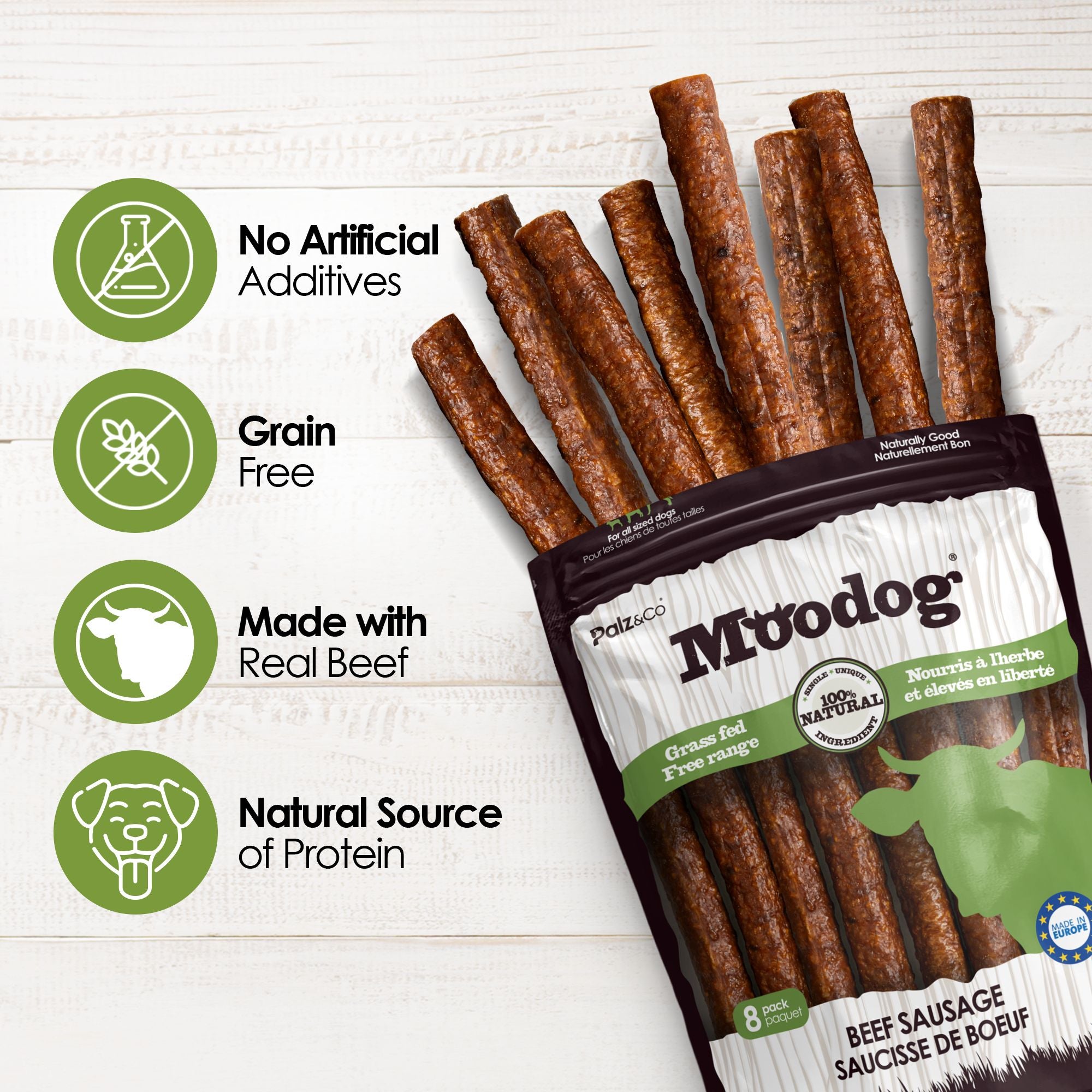 Moodog Beef Sausage Dog Treats - Pack of 8 & 20