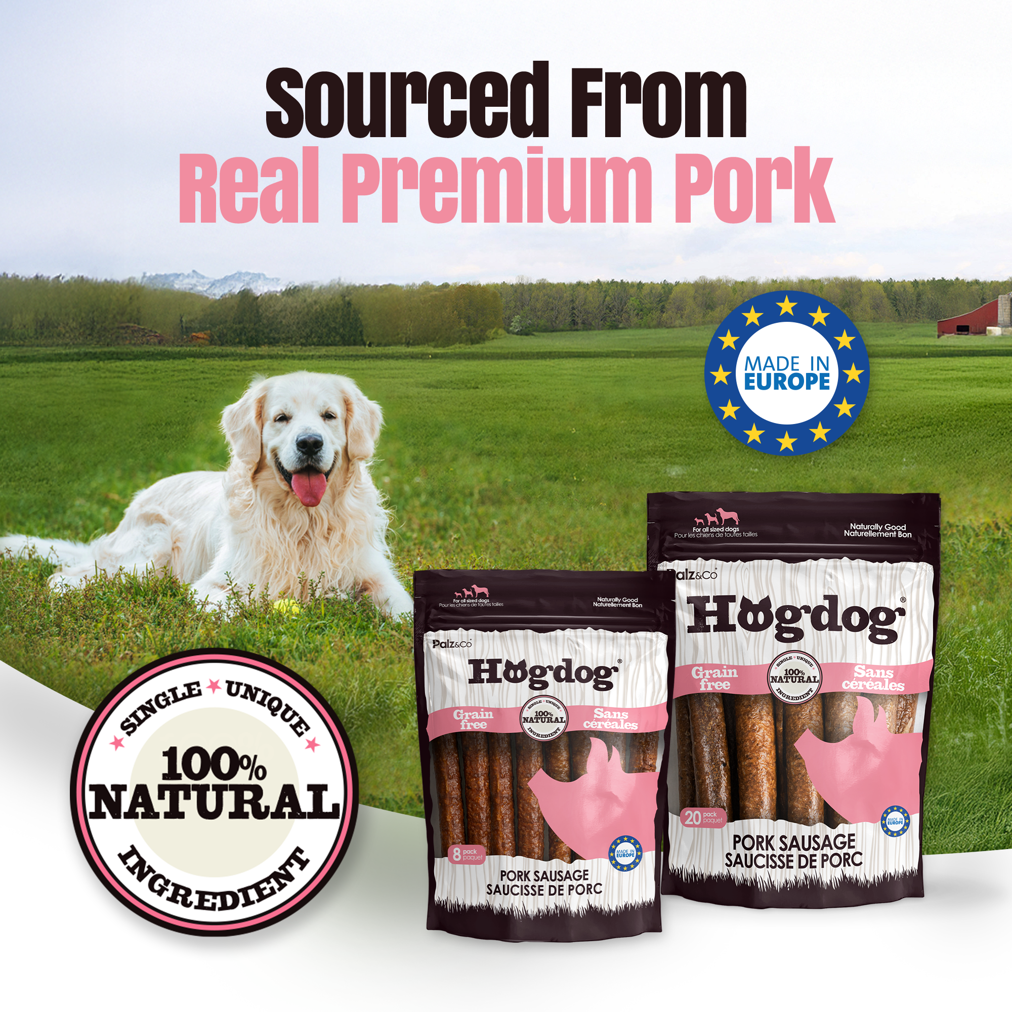 Hogdog Pork Sausage Dog Treats - Pack of 8 & 20