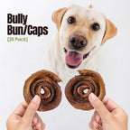 Dog holding two bully buns with text 'Bully Bun/Caps (25 Pack)' on a white background