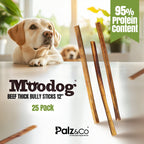 Dog with bully sticks and promotional text for Moodog beef thick bully sticks on a light background