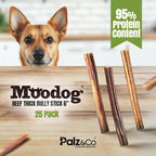 Dog looking at Mwoodog beef thick bully sticks with brand logos on a wooden surface.