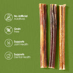 Three dog chew sticks on a green background with health benefits text.