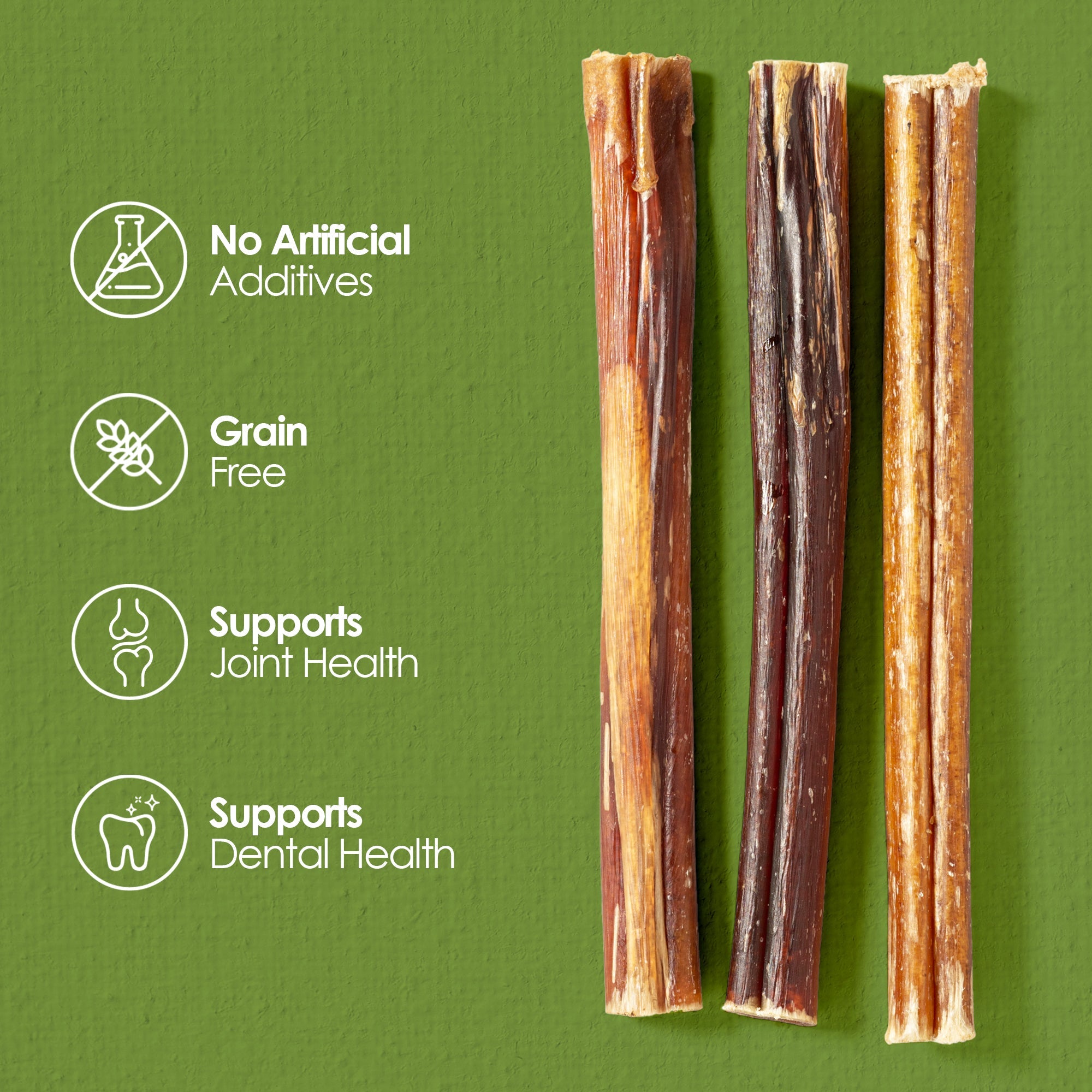 Three dog chew sticks on a green background with health benefits text.