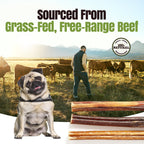 Man with a dog in a field with cows, text 'Sourced From Grass-Fed, Free-Range Beef', and a logo.