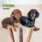 Two dachshunds with dog chew sticks and text indicating size and quantity.