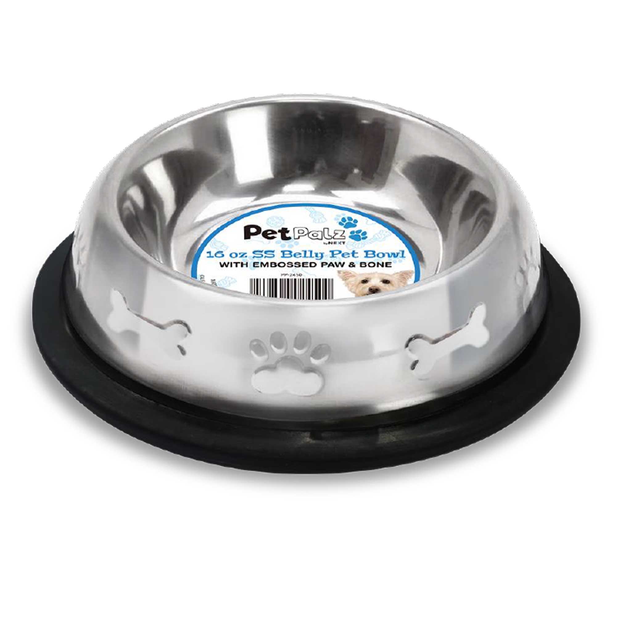 Stainless Steel Belly Pet Bowls, Paw Bone Embossed, No-Skid Base Main image