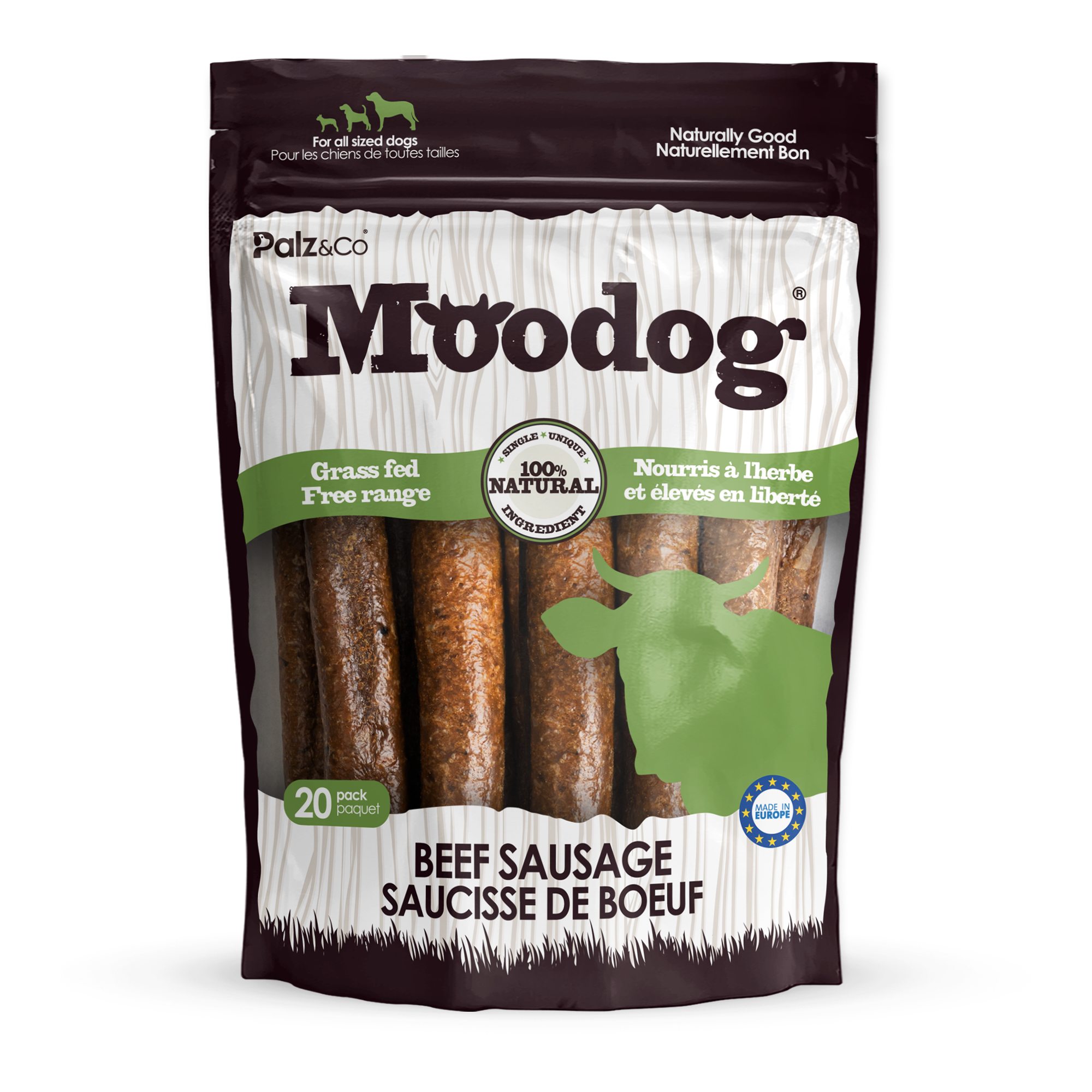 Package of Moodog beef sausages for dogs on a white background