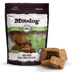 Package of Moodog beef bites with visible beef treats on a white background
