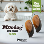 Dog sitting on a kitchen floor with MooDog Cow Hooves packaging and branding.