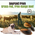 Man tending to cows in a field with a pug and wooden shoes in the foreground, labeled 'Sourced From Grass-Fed, Free-Range Beef'.