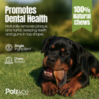 Dog lying on grass with promotional text about dental health and natural chews.