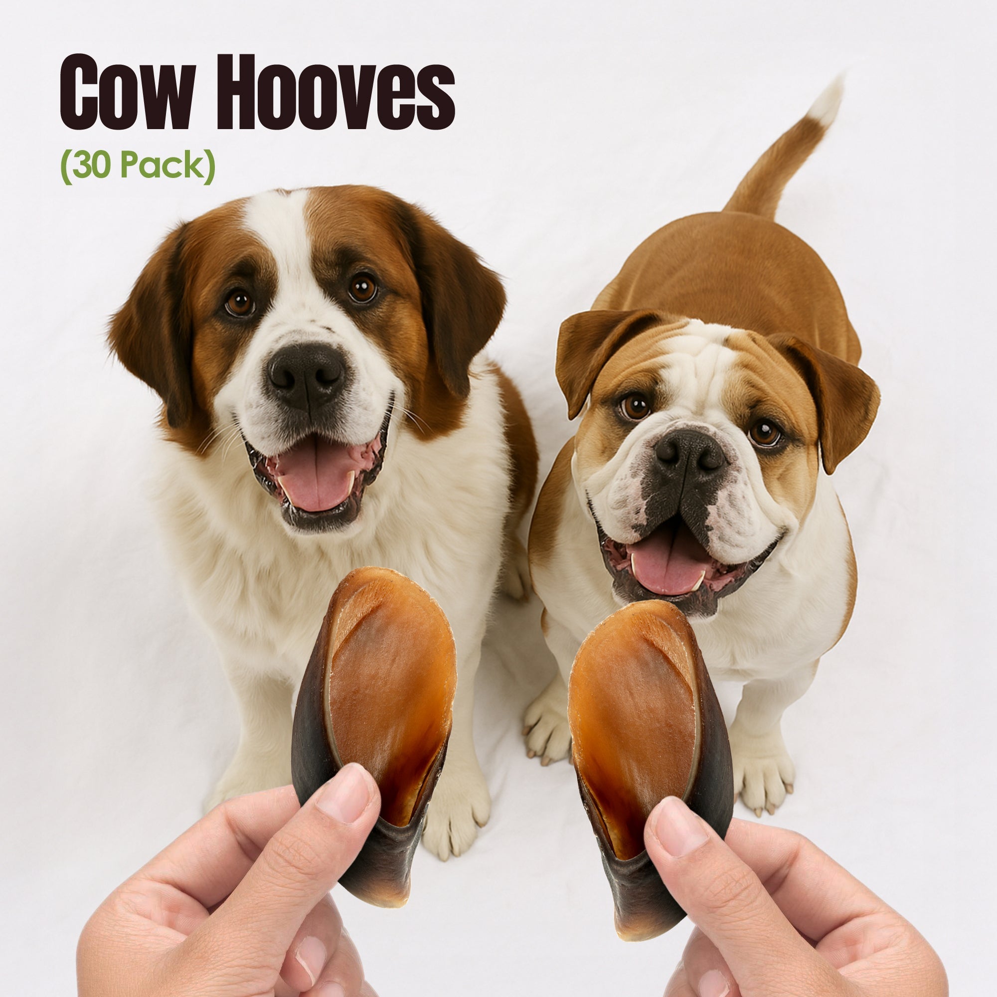Two dogs looking at cow hooves held by a person with text 'Cow Hooves (30 Pack)' above.
