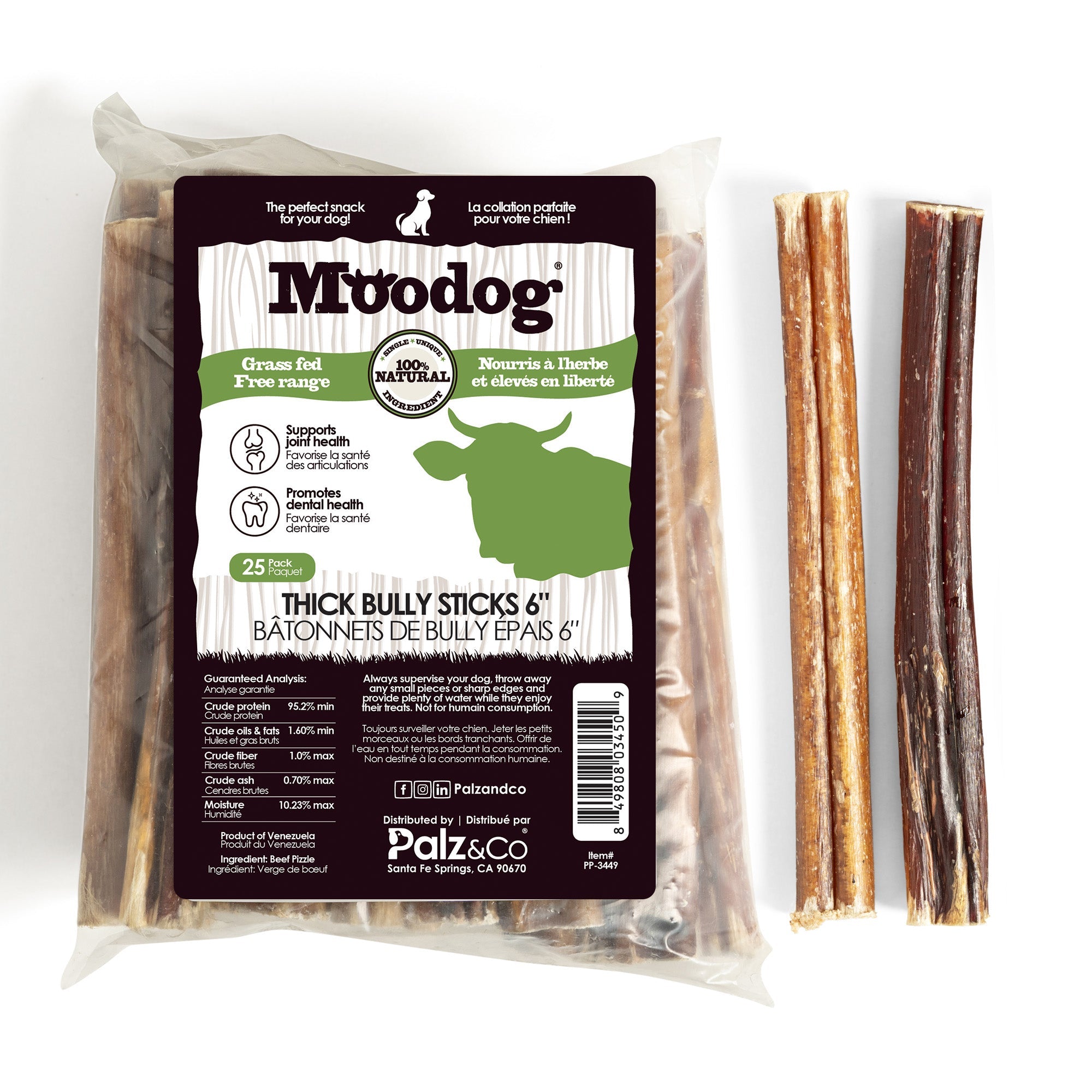 Moodog thick bully sticks packaging with two sticks on a white background
