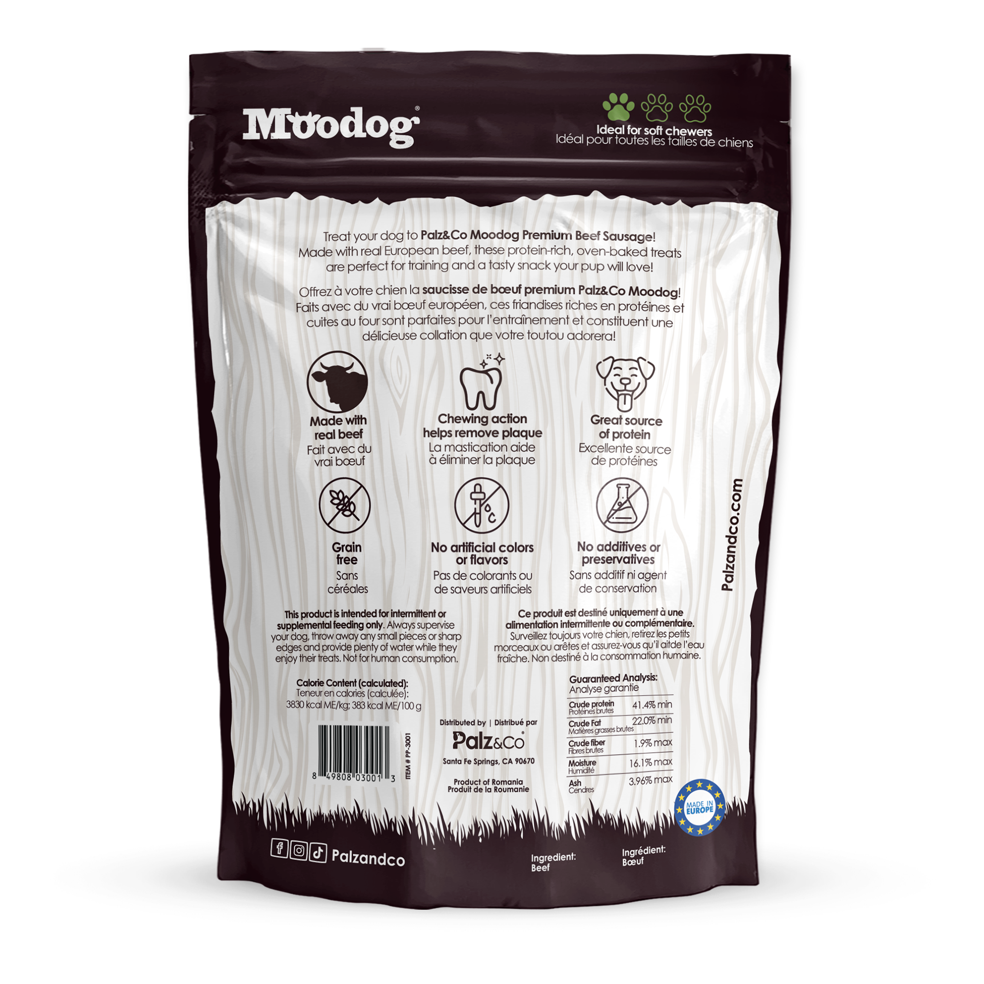 Moodog dog treat package with text and branding on a white background