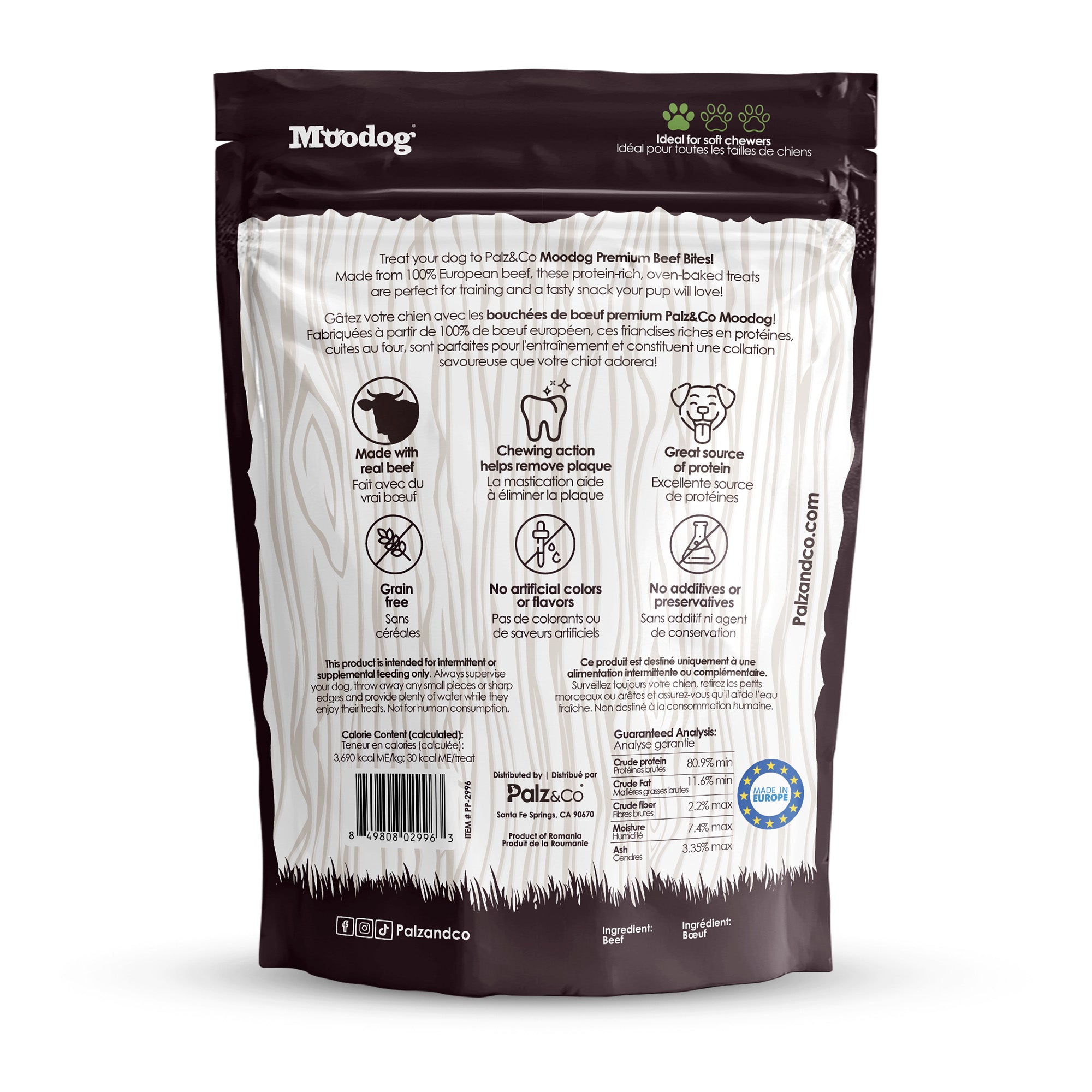 Back view of a Muodog branded dog treat package with text and branding.