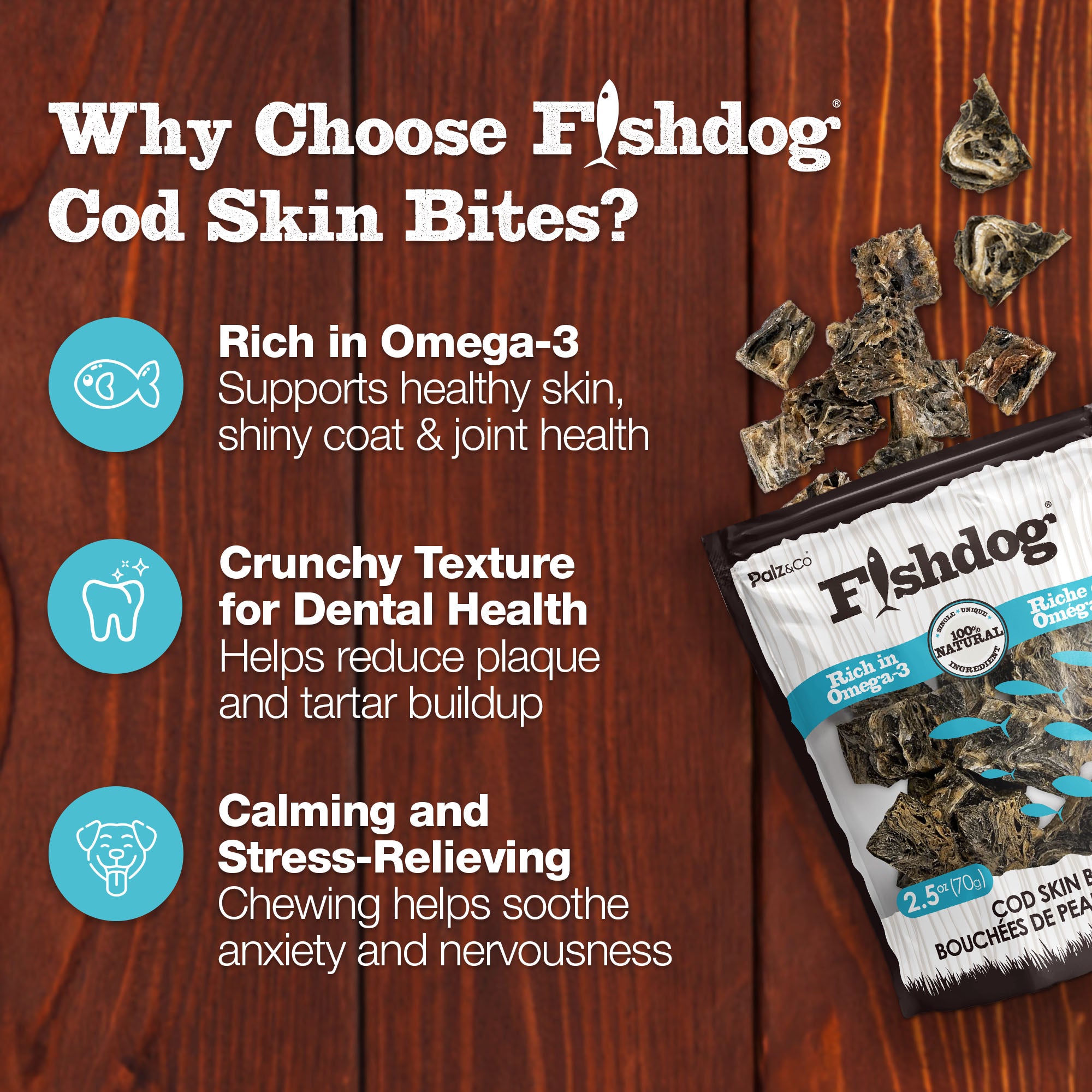 Advertisement for Fishdog Cod Skin Bites on a wooden background with product packaging and benefits listed.