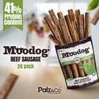 Moodog beef sausage packaging with a dog in the background