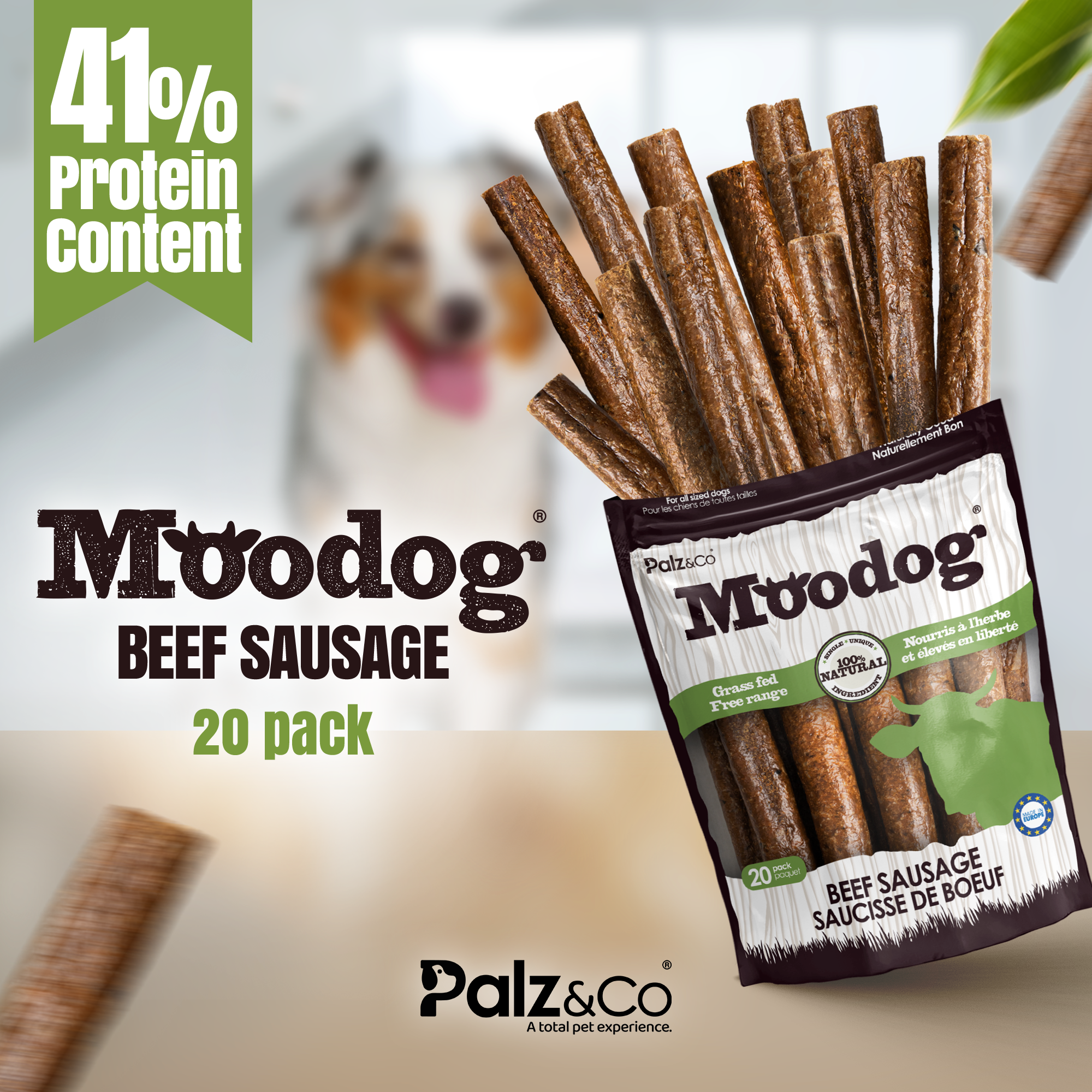 Moodog beef sausage packaging with a dog in the background