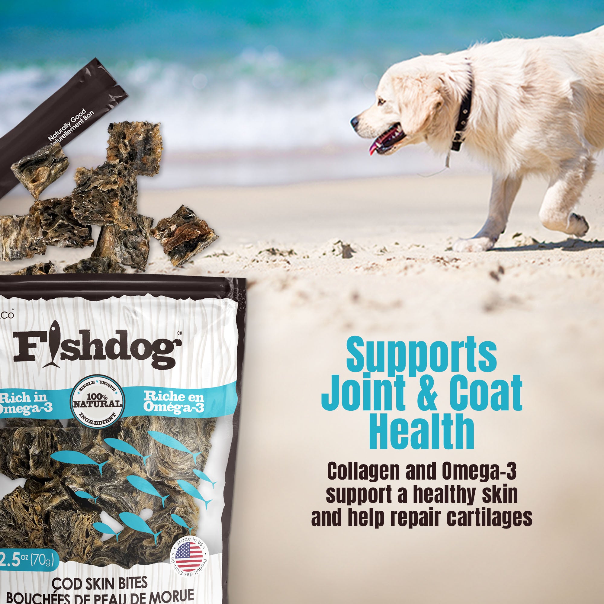 Dog treats with Fishdog packaging on a beach with a dog in the background