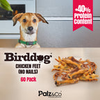 Dog with chicken feet treats and promotional text for Birddog Chicken Feet on a neutral background