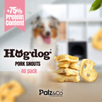 Hogdog Pork Snouts dog treats with a blurred dog in the background, featuring Palz&Co branding.